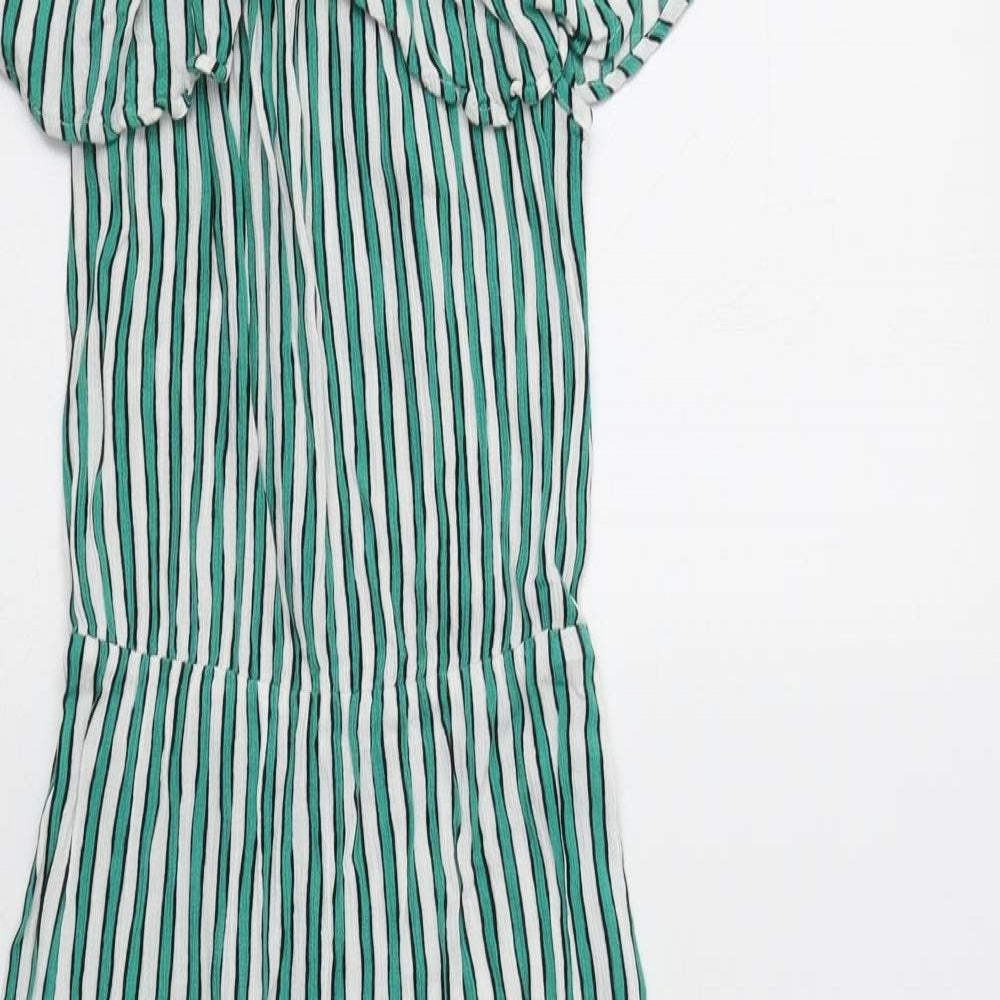 H&M Womens Green Striped Viscose A-Line  Size 8  Off the Shoulder