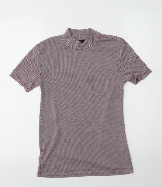 Zara Womens Red Striped  Basic T-Shirt Size S Mock Neck