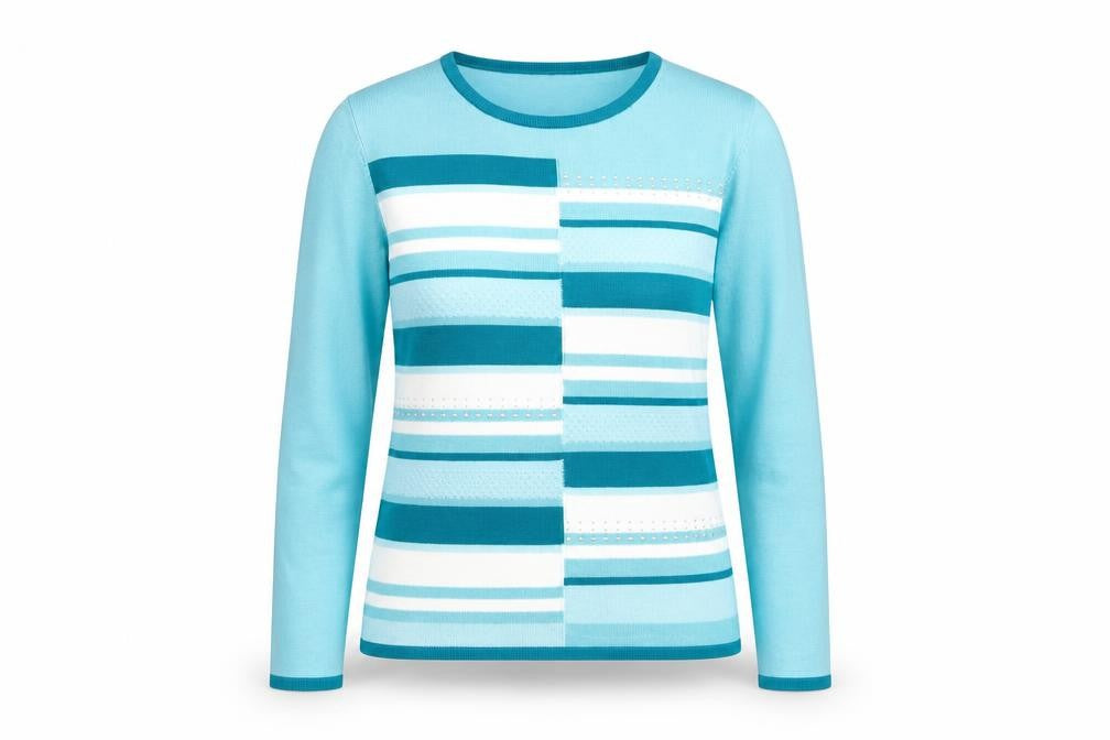Casamia Womens Blue Striped Acrylic Basic T-Shirt Size S Round Neck