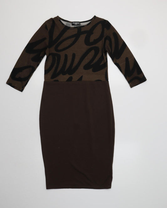 Indulgence Womens Brown Geometric Polyester Bodycon  Size S  Crew Neck
