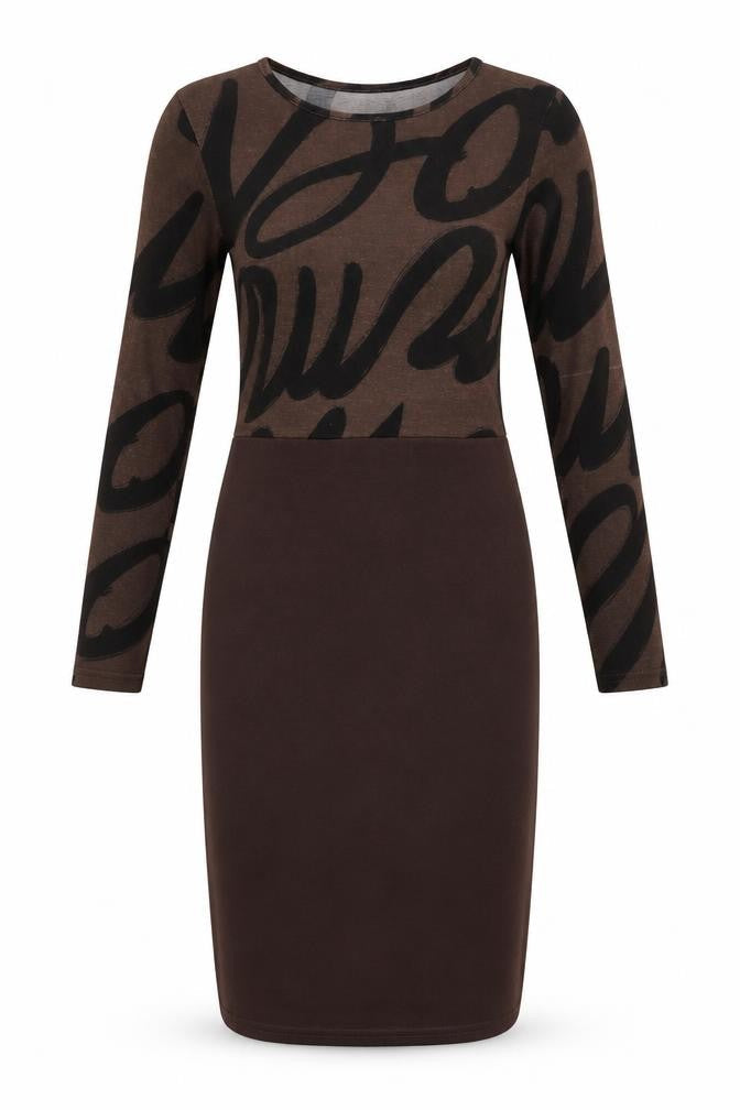 Indulgence Womens Brown Geometric Polyester Bodycon  Size S  Crew Neck