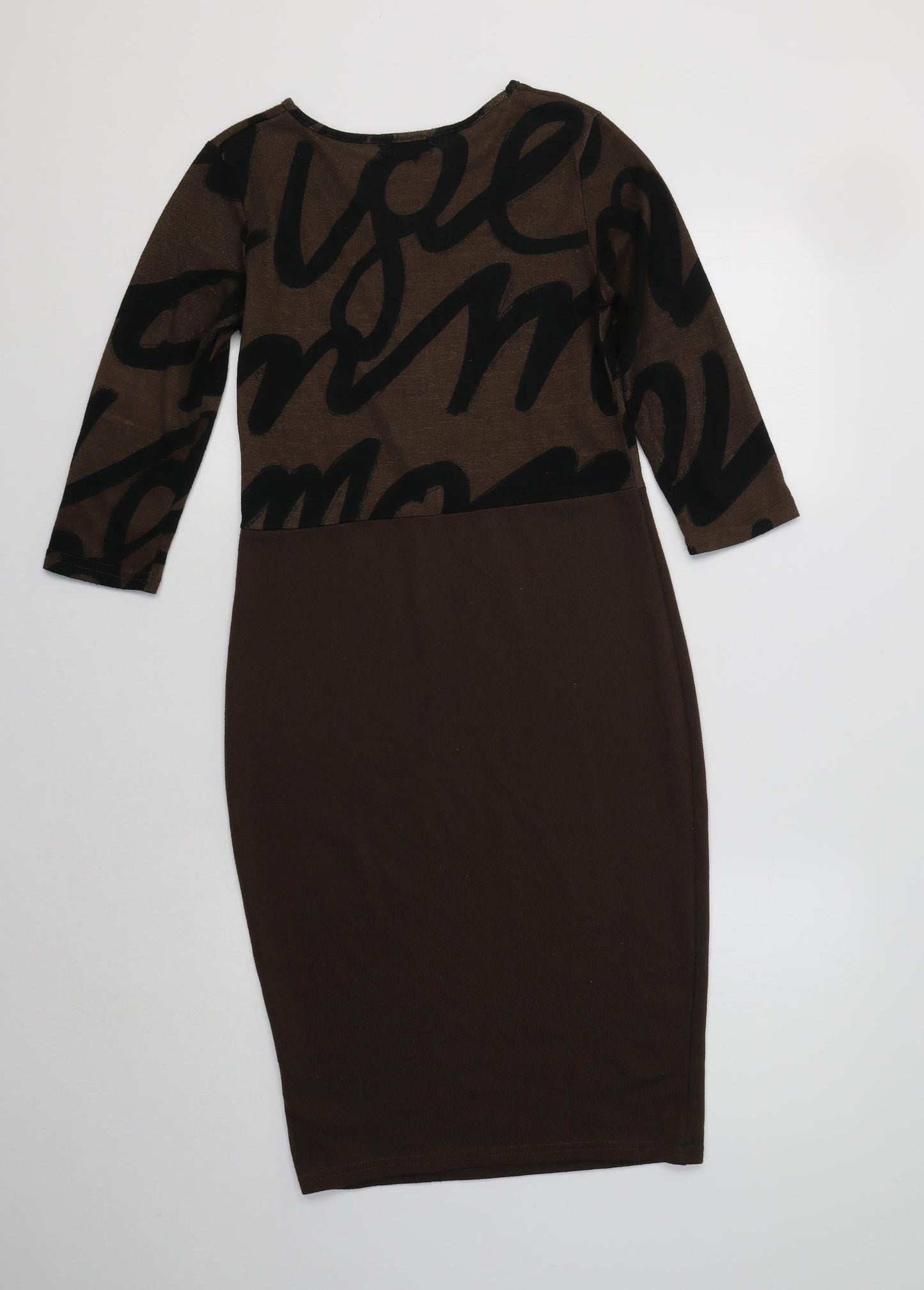 Indulgence Womens Brown Geometric Polyester Bodycon  Size S  Crew Neck