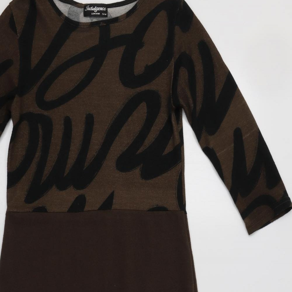 Indulgence Womens Brown Geometric Polyester Bodycon  Size S  Crew Neck