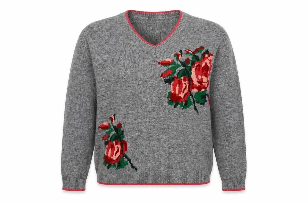 Primark Womens Grey V-Neck Floral Acrylic Pullover Jumper Size XS