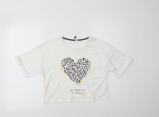 George Girls White Animal Print Cotton Basic T-Shirt Size 11-12 Years Crew Neck  - Heart