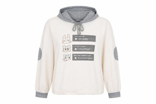 Unbl Womens Ivory Animal Print  Pullover Hoodie Size M   - I am a Rabbit I like Radish! Fabric Hood Cuffs Elbow pads