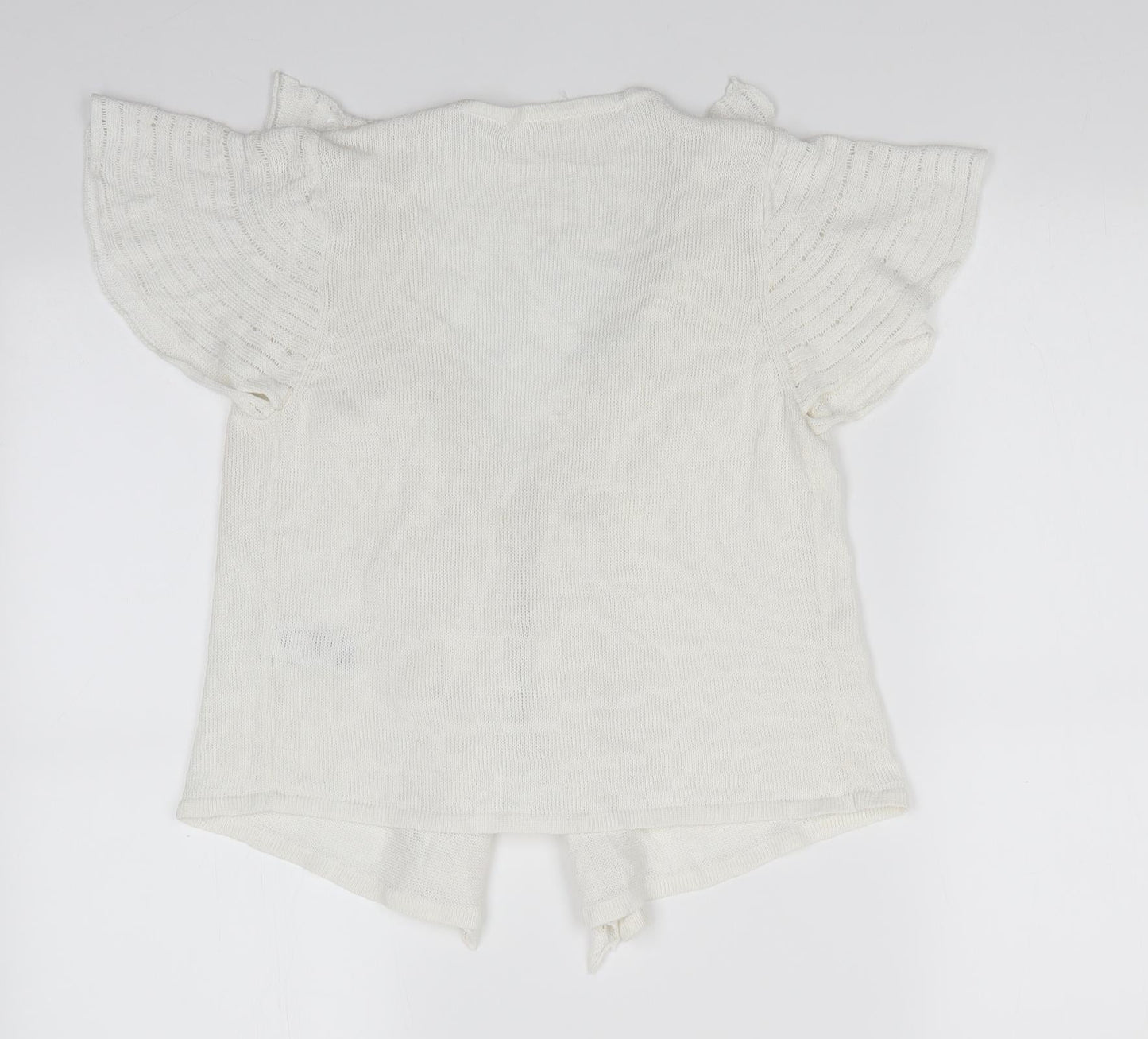 Marks and Spencer Womens White V-Neck  Flax Cardigan Jumper Size 10   - Frilled front Hook & eye
