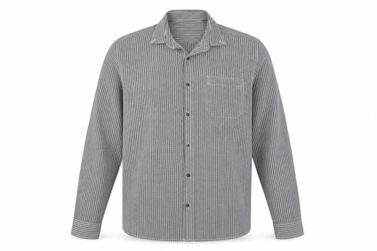 Atlantic Bay Mens Grey Striped Polyester  Button-Up Size L Collared