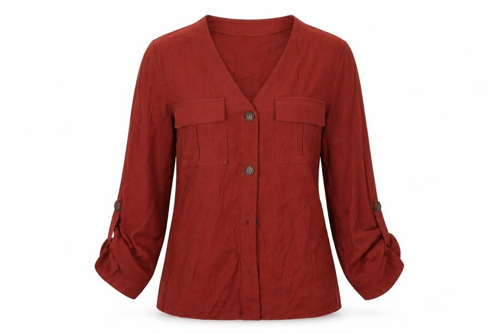Primark Womens Red  Viscose Basic Button-Up Size 6 V-Neck