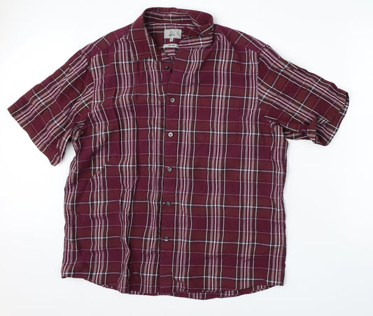 M&S Mens Red Check Modal  Button-Up Size XL Collared Button