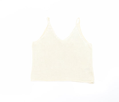 Preloved H&M Womens White  Acrylic Basic T-Shirt Size S V-Neck - Front