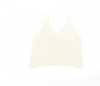 Preloved H&M Womens White  Acrylic Basic T-Shirt Size S V-Neck - Back
