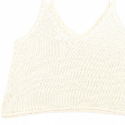 Preloved H&M Womens White  Acrylic Basic T-Shirt Size S V-Neck - Label