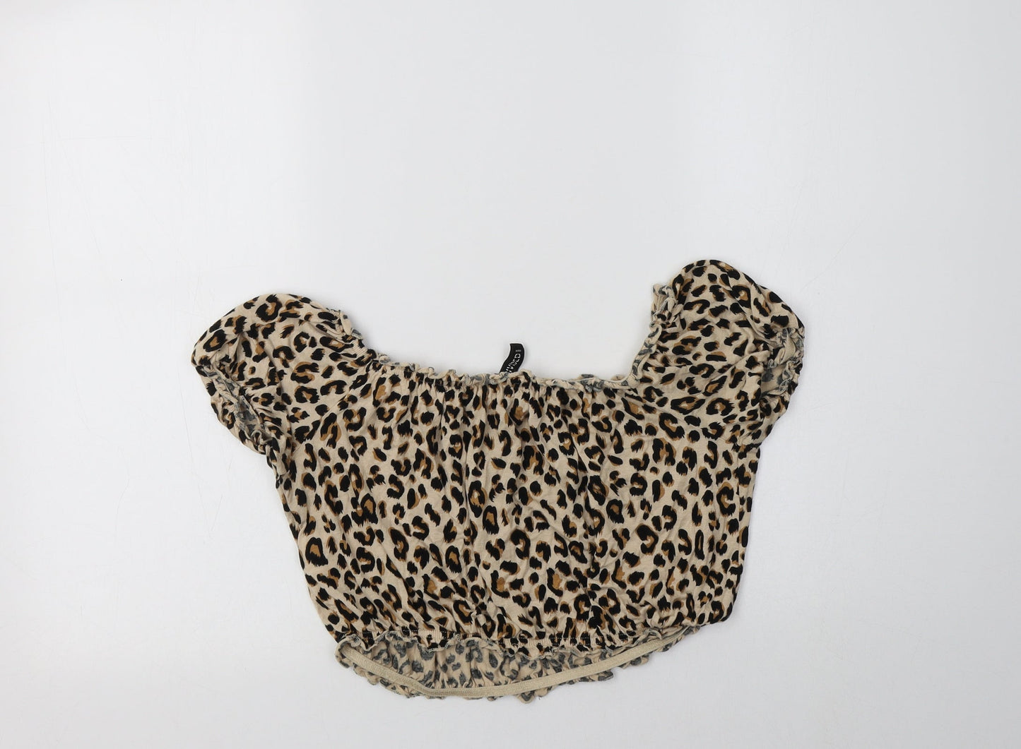 H&M Womens Brown Animal Print Viscose Cropped Blouse Size M Round Neck