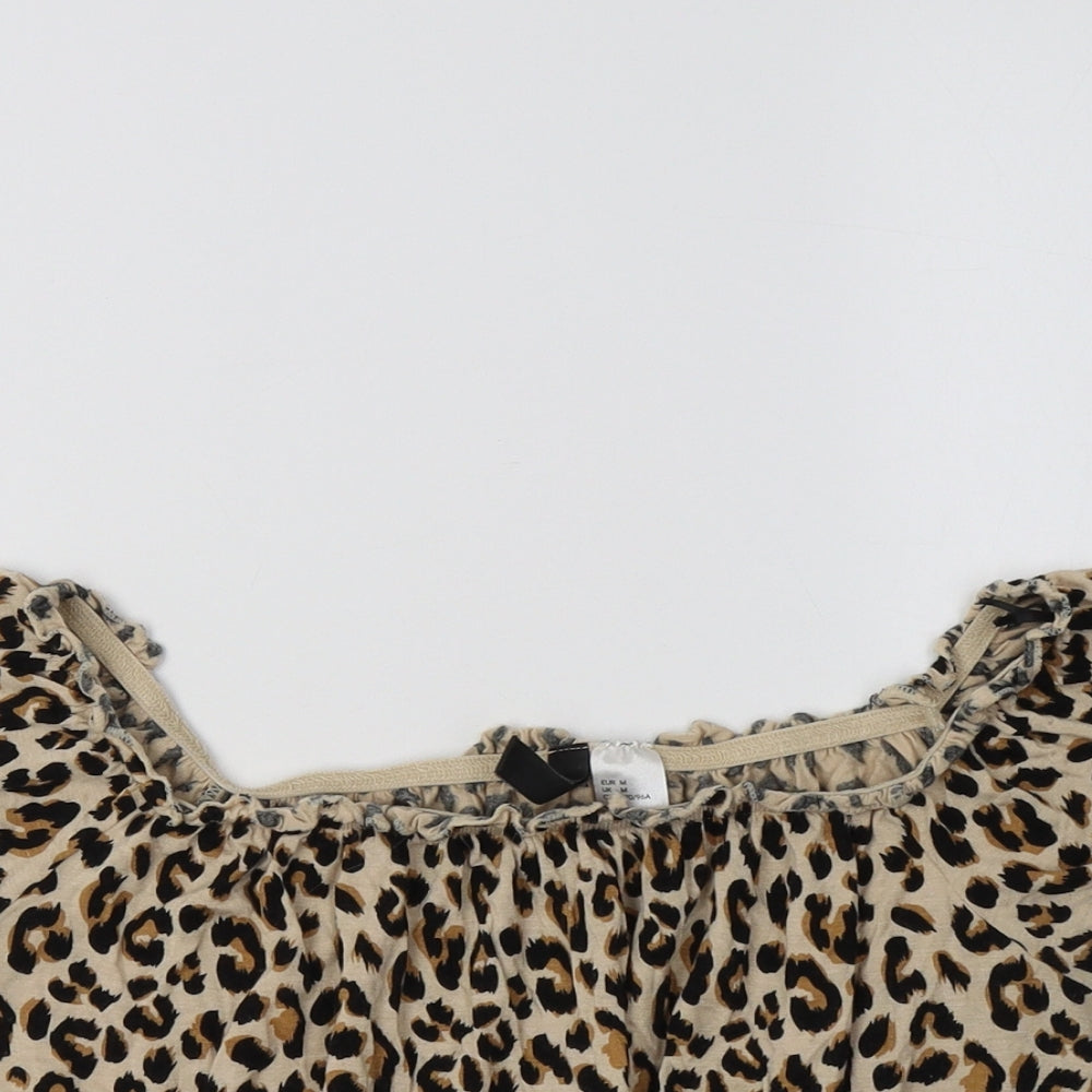 H&M Womens Brown Animal Print Viscose Cropped Blouse Size M Round Neck