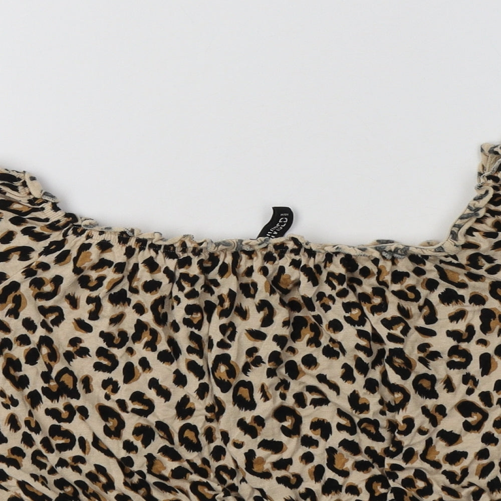 H&M Womens Brown Animal Print Viscose Cropped Blouse Size M Round Neck