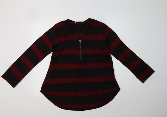 New Collection Womens Red V-Neck Striped Acrylic Pullover Jumper Size M