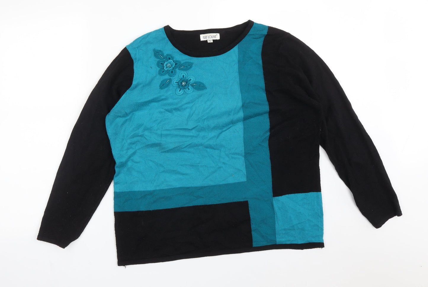 FAY LOUISE Womens Multicoloured Colourblock Acrylic Basic T-Shirt Size L Crew Neck