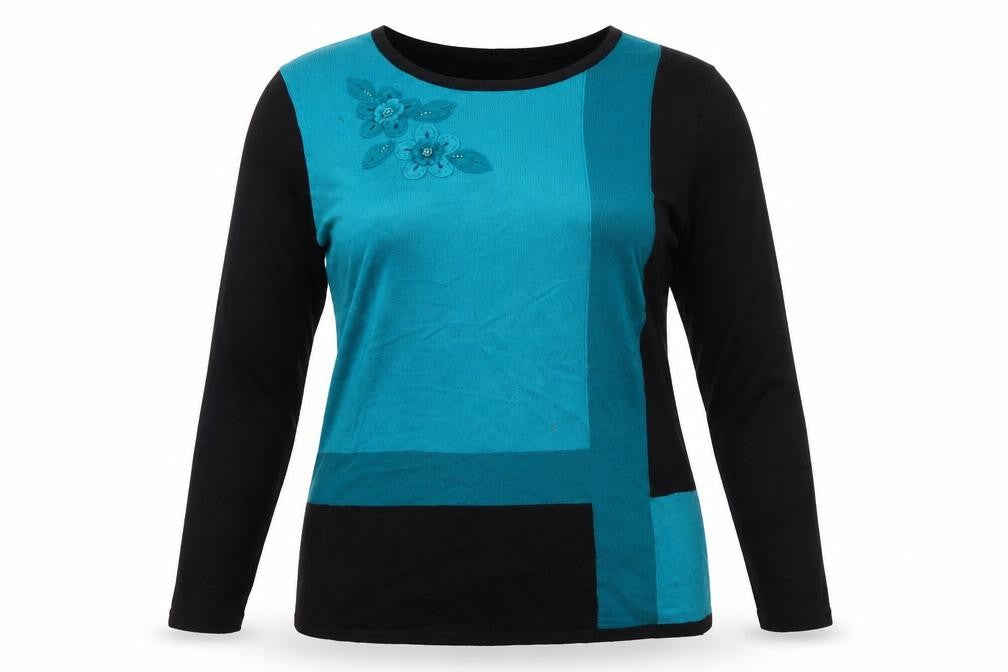FAY LOUISE Womens Multicoloured Colourblock Acrylic Basic T-Shirt Size L Crew Neck