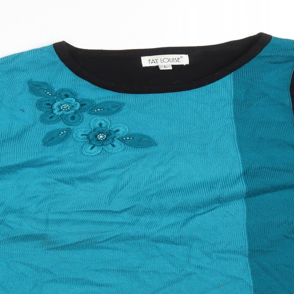 FAY LOUISE Womens Multicoloured Colourblock Acrylic Basic T-Shirt Size L Crew Neck