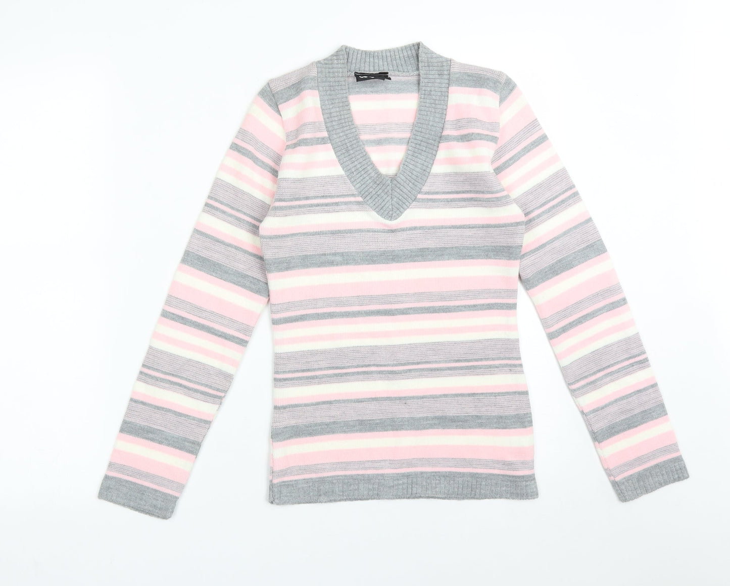 Logo Womens Multicoloured Striped Acrylic Basic T-Shirt Size L V-Neck