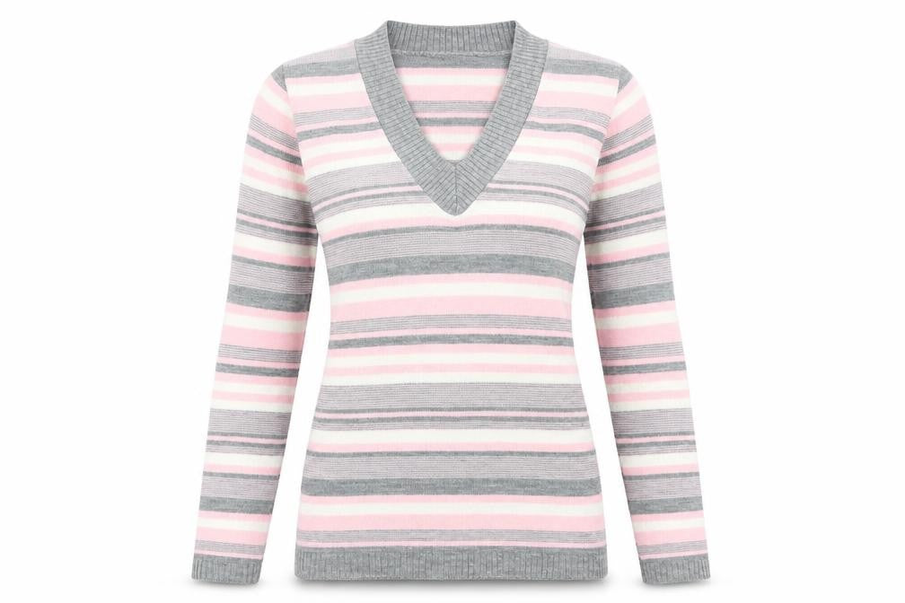 Logo Womens Multicoloured Striped Acrylic Basic T-Shirt Size L V-Neck