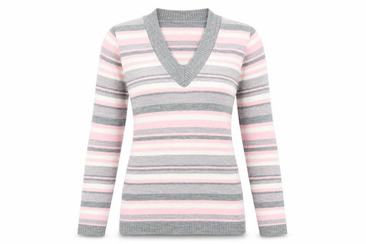 Logo Womens Multicoloured Striped Acrylic Basic T-Shirt Size L V-Neck