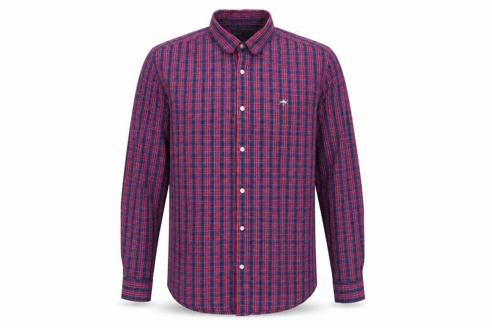 Easy Mens Red Check Cotton  Button-Up Size M Collared  - Red Blue Check
