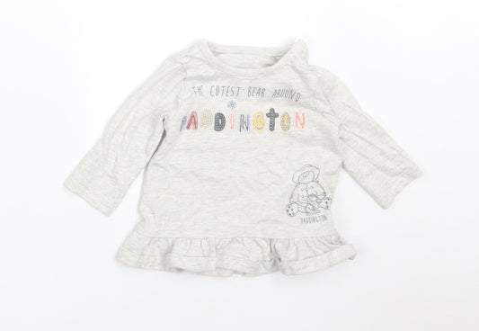 George Girls Grey  Cotton Basic T-Shirt Size 0-3 Months Round Neck  - THE CUTEST BEAR AROUND PADDINGTON