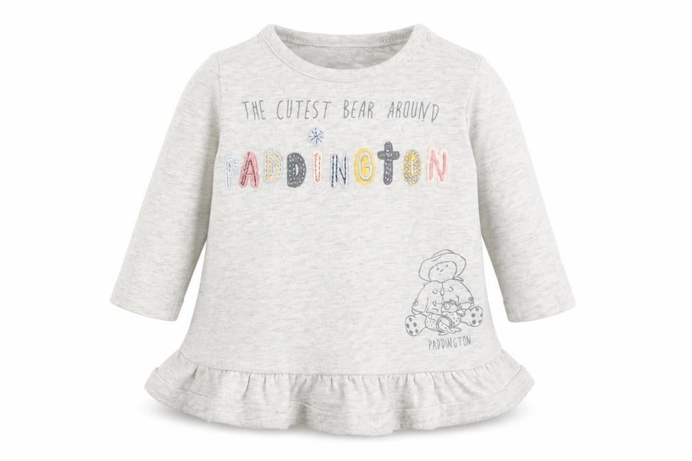 George Girls Grey  Cotton Basic T-Shirt Size 0-3 Months Round Neck  - THE CUTEST BEAR AROUND PADDINGTON