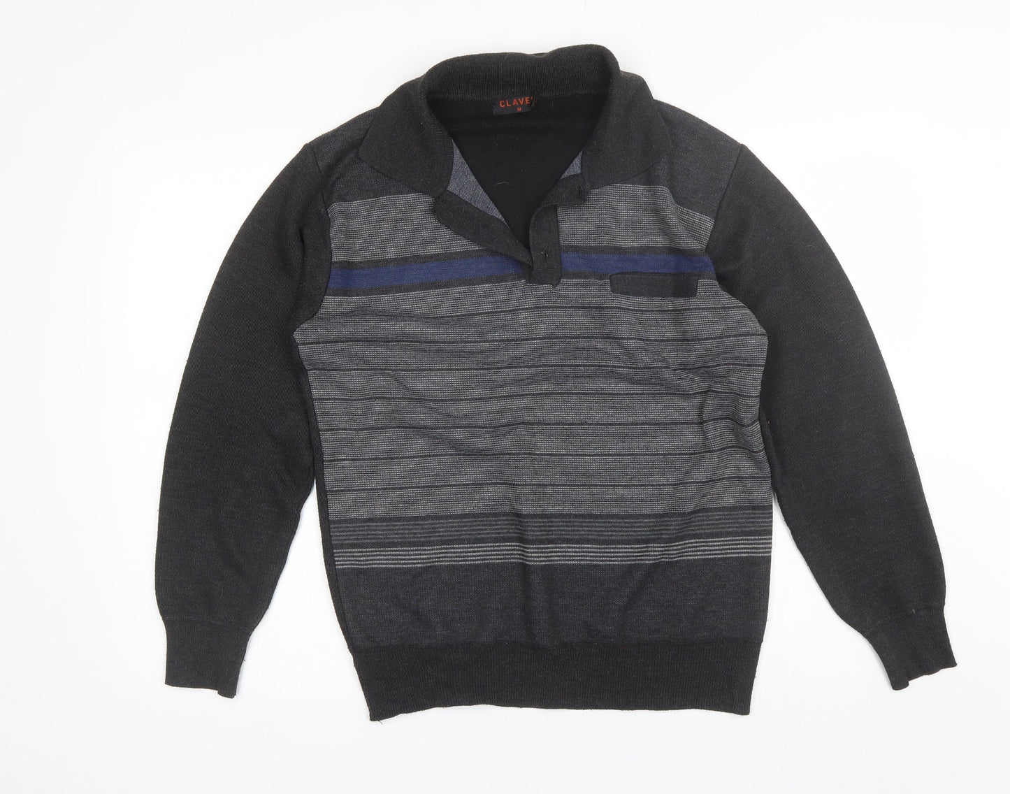 Clavel Mens Grey Collared Striped Acrylic Pullover Jumper Size M