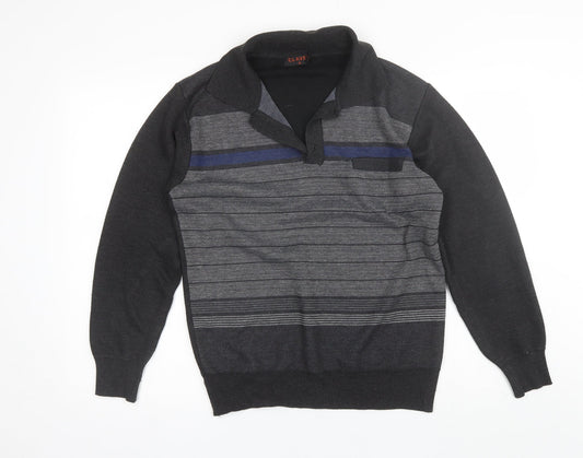 Clavel Mens Grey Collared Striped Acrylic Pullover Jumper Size M