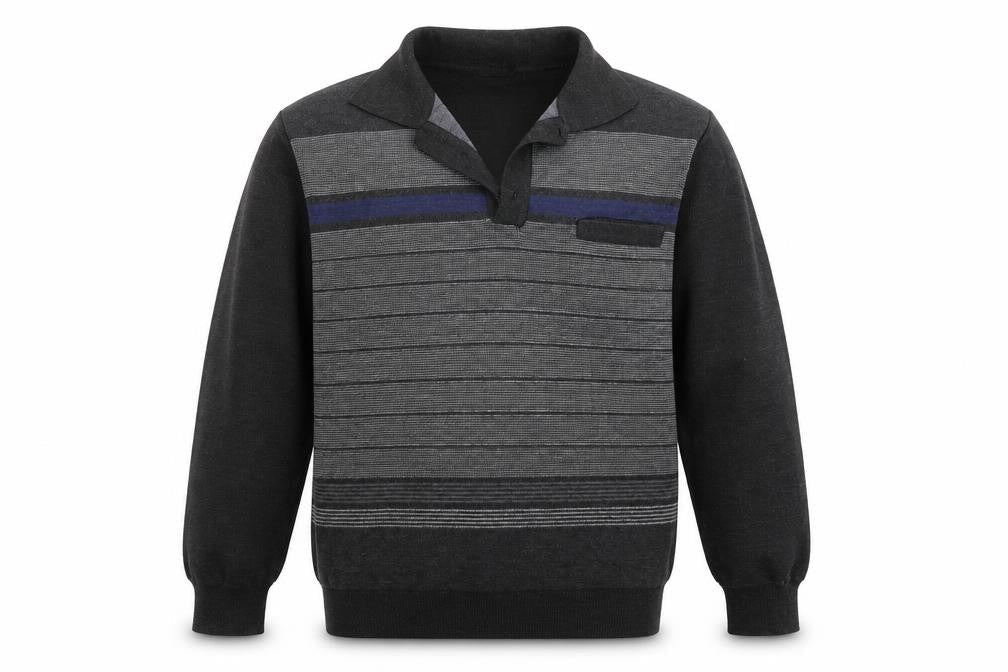 Clavel Mens Grey Collared Striped Acrylic Pullover Jumper Size M