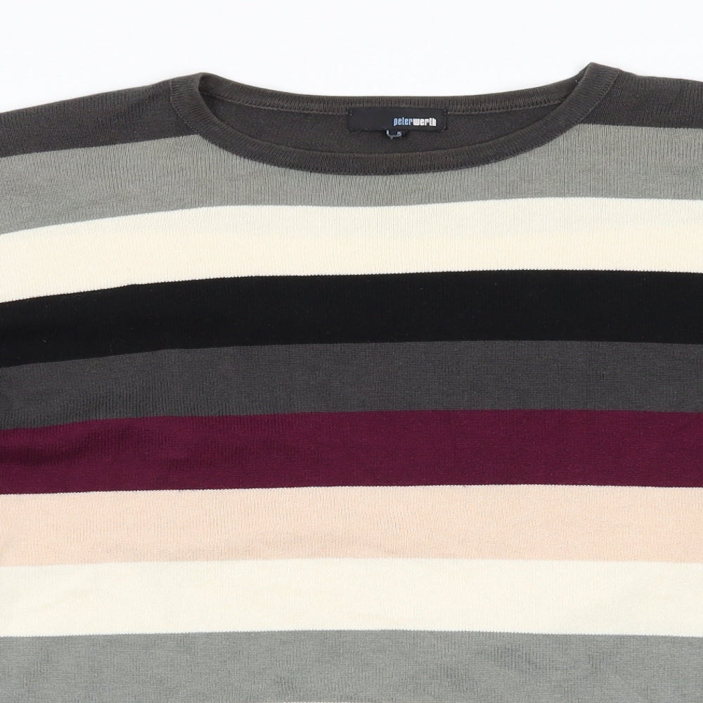 Peter Werth Mens Multicoloured Round Neck Striped Cotton Pullover Jumper