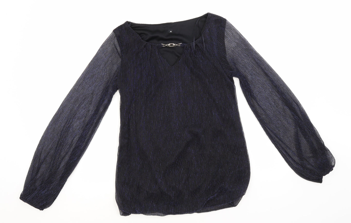 Preworn Womens Blue Striped Polyester Basic Blouse Size 10 Round Neck