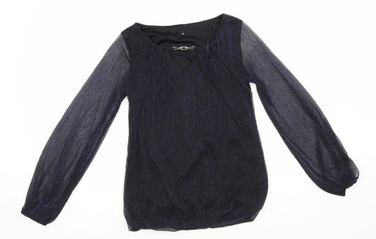 Preworn Womens Blue Striped Polyester Basic Blouse Size 10 Round Neck