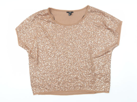 H&M Womens Brown  Polyester Basic Blouse Size L Round Neck