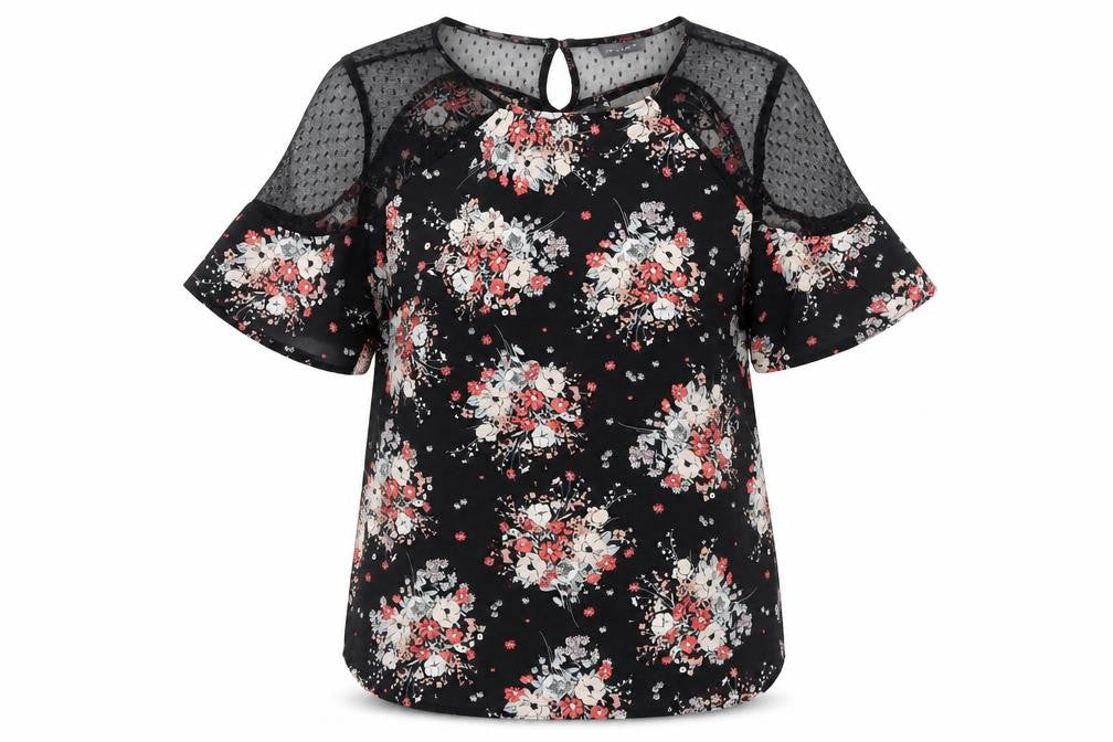Primark Womens Black Floral Polyester Basic Blouse Size 6 Round Neck
