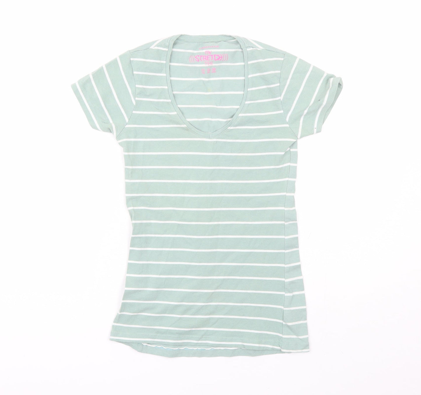 Atmosphere Womens Green Striped Cotton Basic T-Shirt Size 6 Scoop Neck