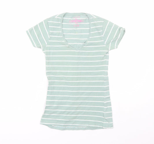 Atmosphere Womens Green Striped Cotton Basic T-Shirt Size 6 Scoop Neck