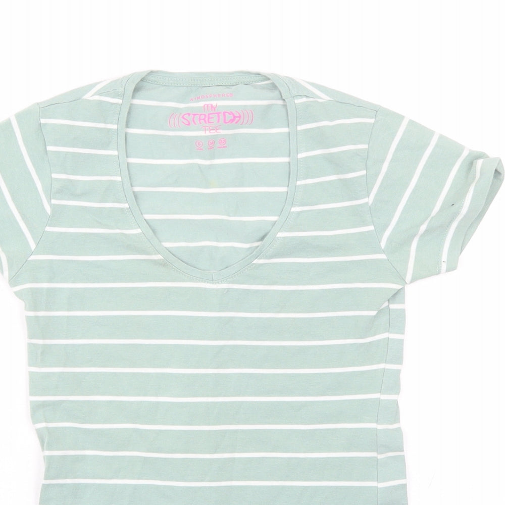 Atmosphere Womens Green Striped Cotton Basic T-Shirt Size 6 Scoop Neck