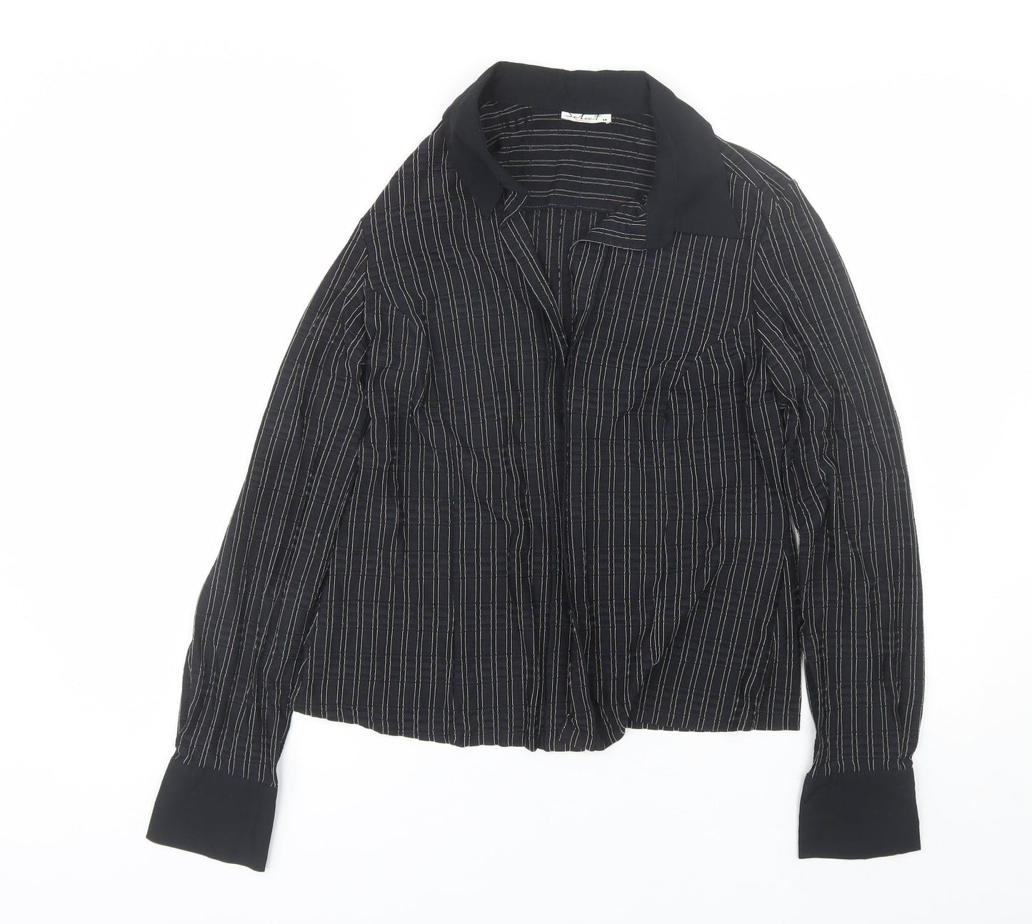 Select Womens Black Striped Polyester Basic Button-Up Size 14 Collared