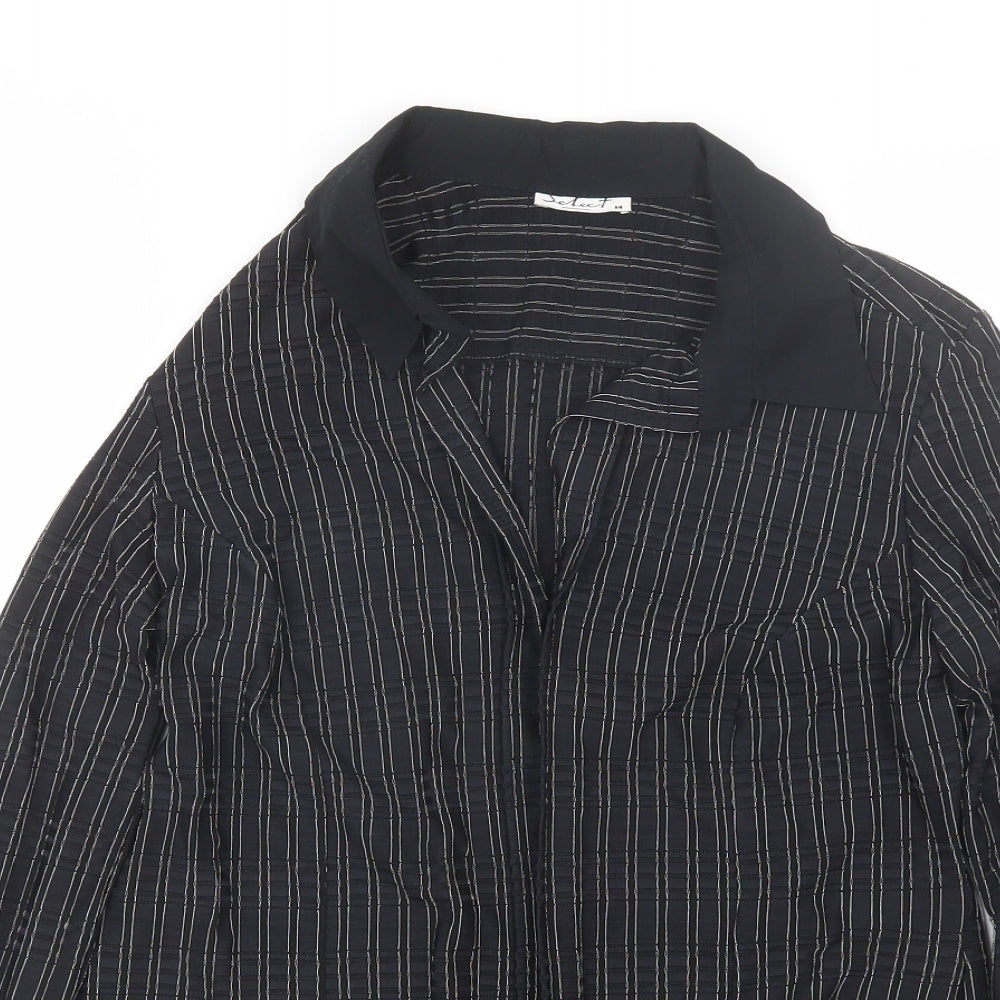 Select Womens Black Striped Polyester Basic Button-Up Size 14 Collared