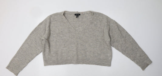 New Look Womens Grey V-Neck  Acrylic Pullover Jumper Size M