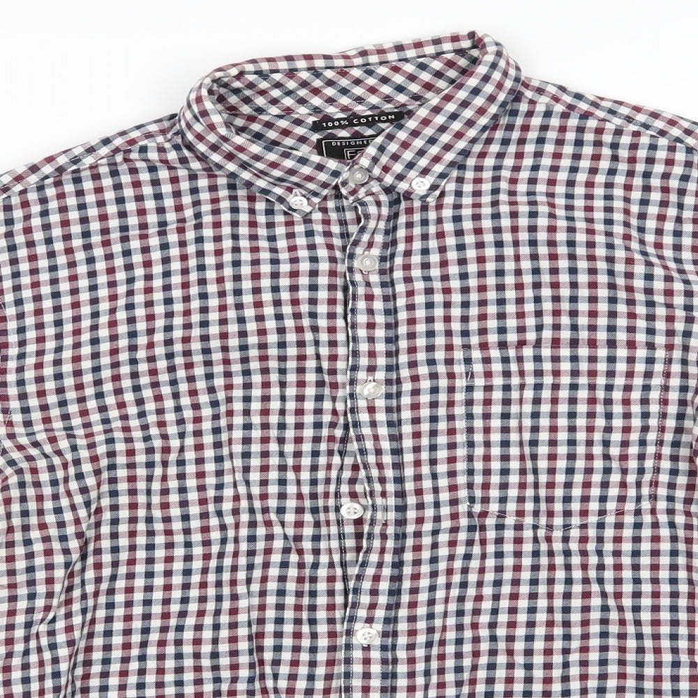 Florence and Fred Mens Blue Check Cotton  Button-Up Size M Collared  - Buttoned Collar Blue Brown White Checks