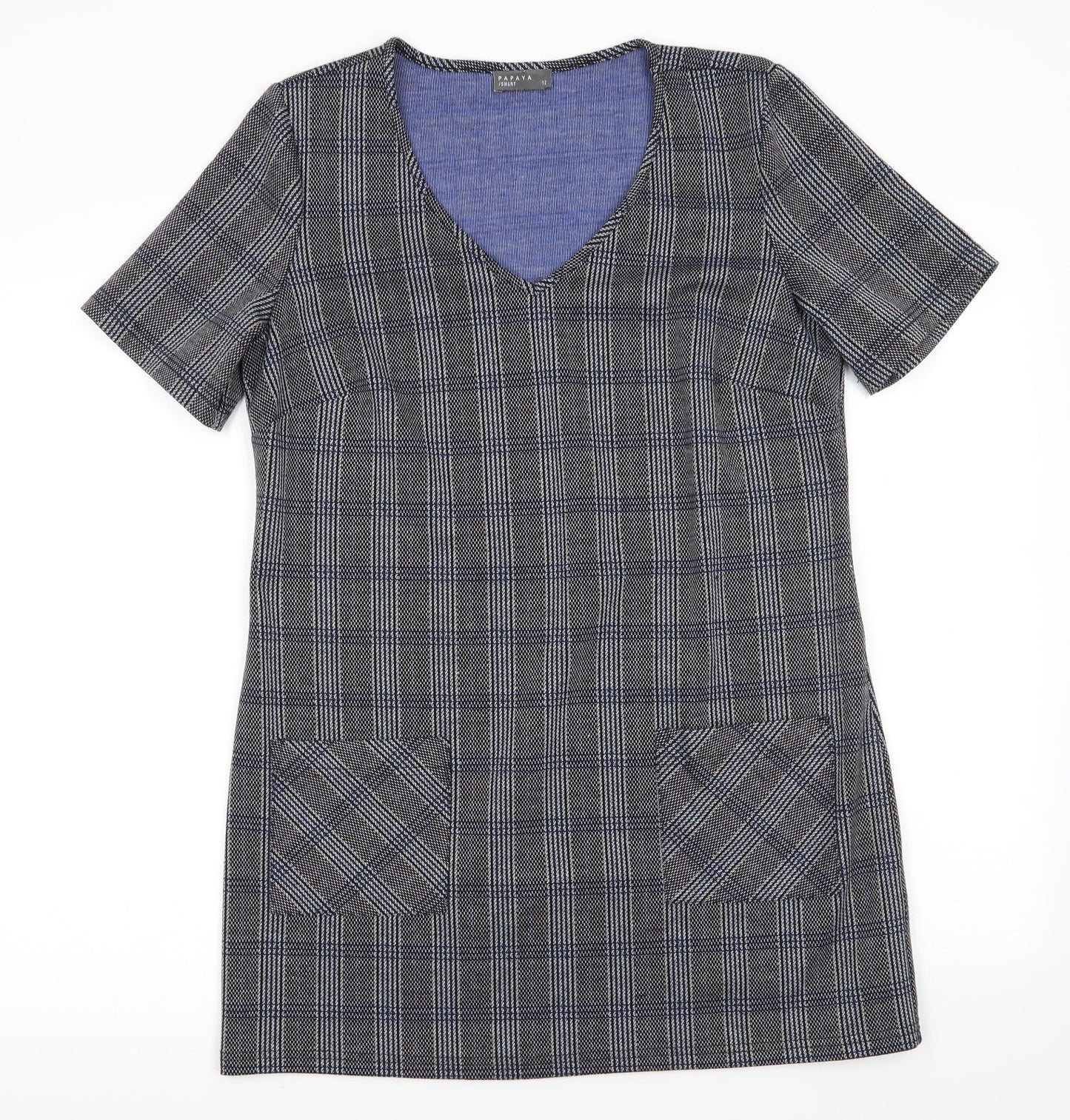 Papayaqgrey Womens Grey Check Polyester A-Line  Size 12  V-Neck