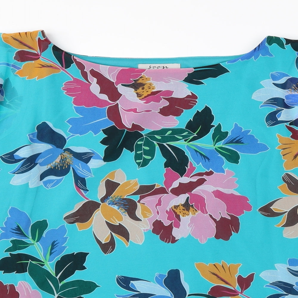 Soon Womens Blue Floral Polyester Basic Blouse Size 12 Round Neck