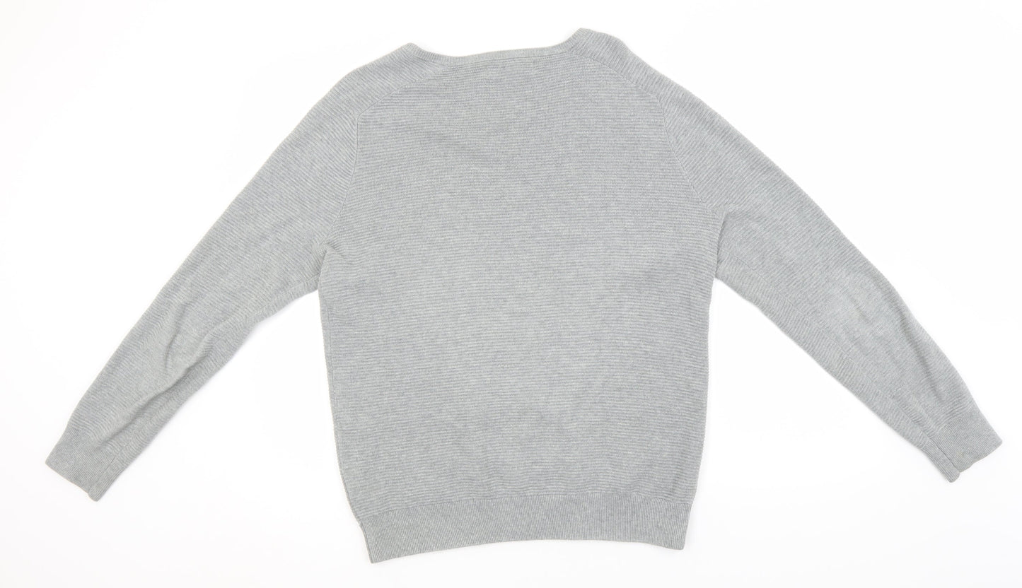 Nigel Hall Womens Grey Round Neck Striped Cotton Pullover Jumper Size M