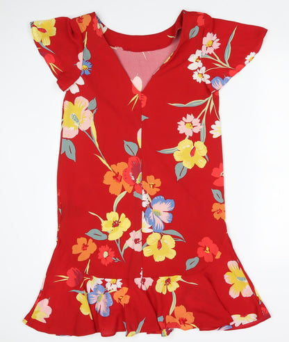 Next Womens Red Floral Polyester Shift  Size 10  Boat Neck