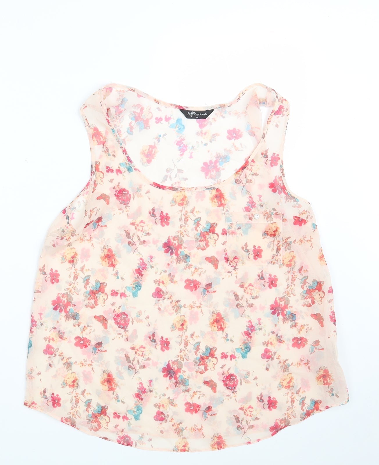 Internacionale Womens Pink Floral Polyester Basic Blouse Size 14 Round Neck